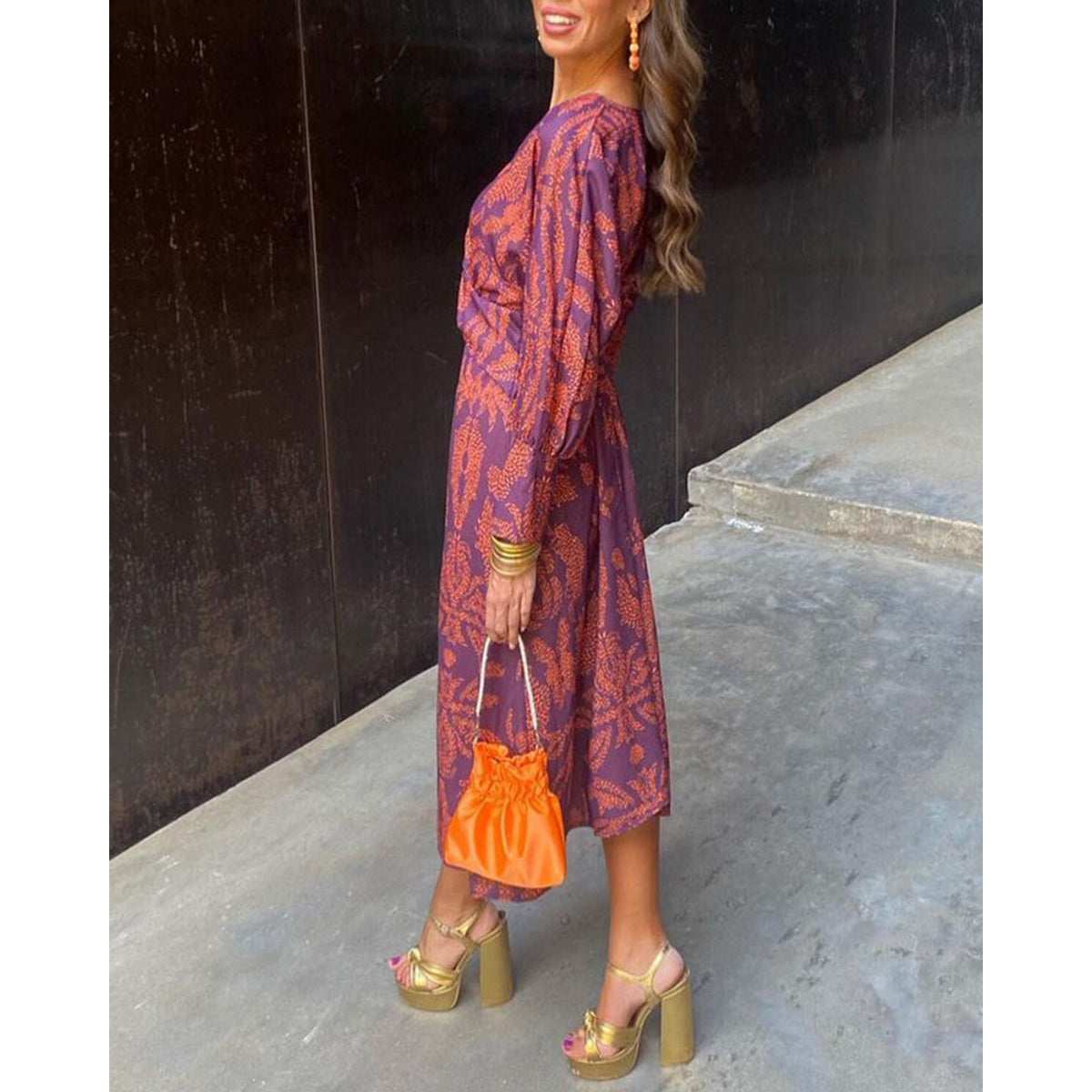 V-Neck Midi Dress Long Sleeve Paisley Print Cocktail Dress for Women 7