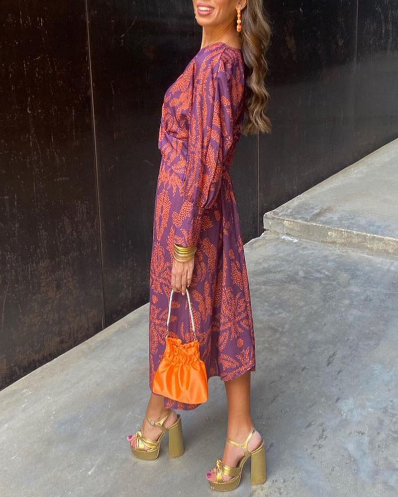 V-Neck Midi Dress Long Sleeve Paisley Print Cocktail Dress for Women 7