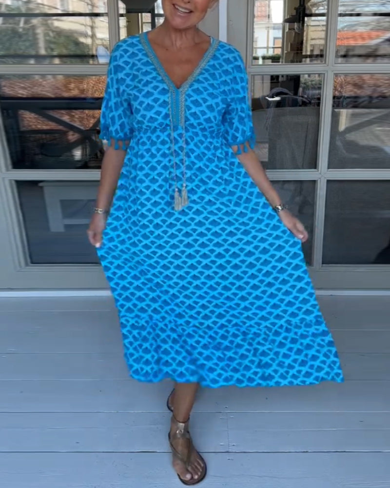 V-Neck Printed Casual Dress Women A-Line Midi Summer Style 0