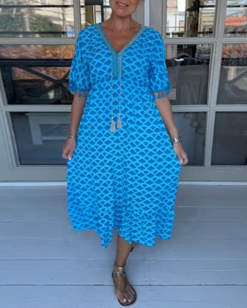 V-Neck Printed Casual Dress Women A-Line Midi Summer Style 1