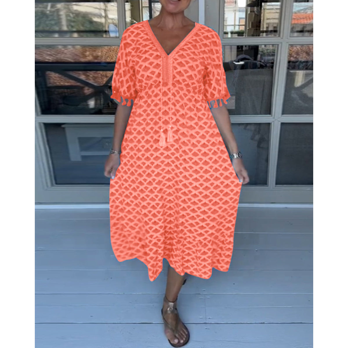 V-Neck Printed Casual Dress Women A-Line Midi Summer Style 7