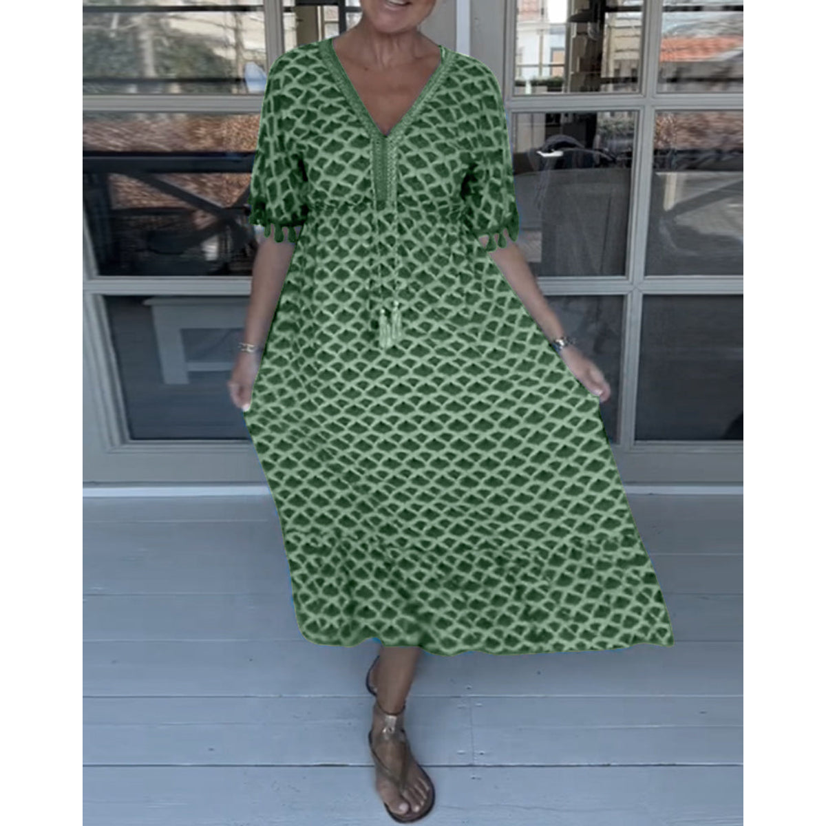 V-Neck Printed Casual Dress Women A-Line Midi Summer Style 8