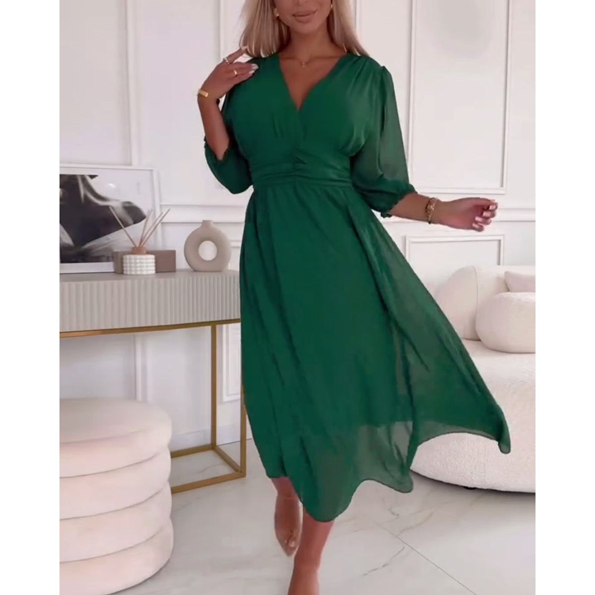 V-Neck Solid Color Waist Dress Elegant A-Line Midi 1