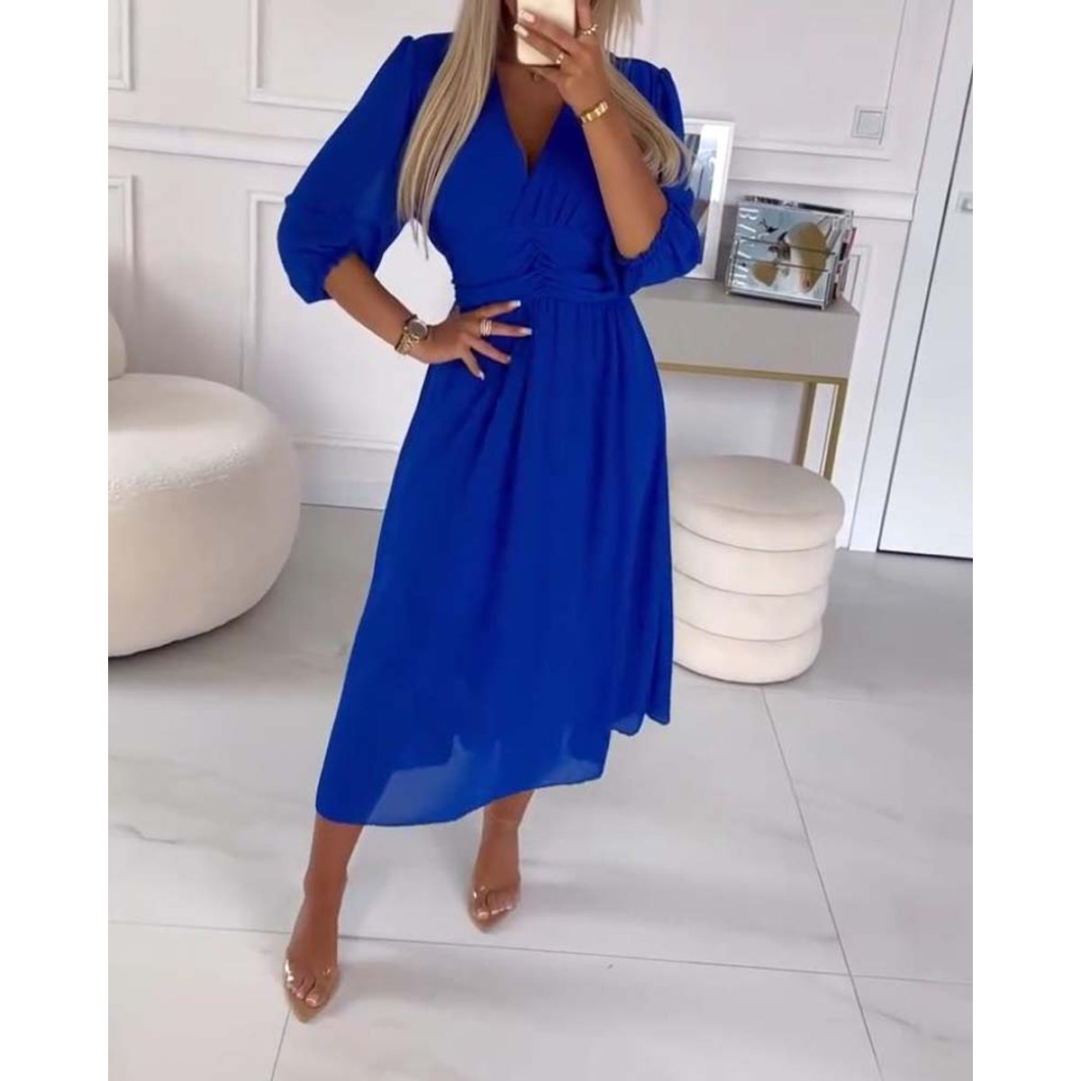 V-Neck Solid Color Waist Dress Elegant A-Line Midi 7