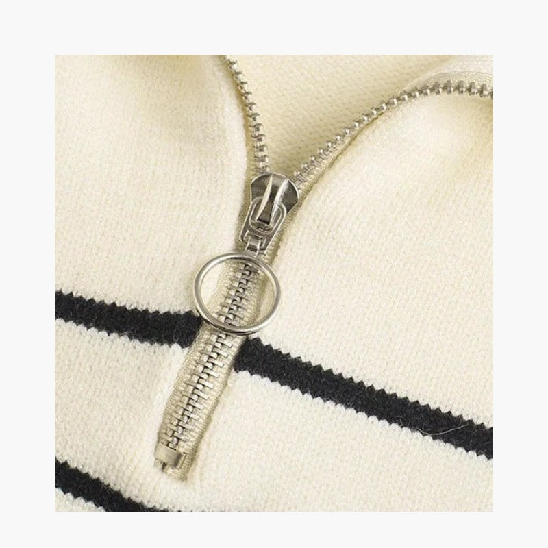 Vintage Chic Knit Sweater Women Cream Blue Striped Zip-Up Casual 2