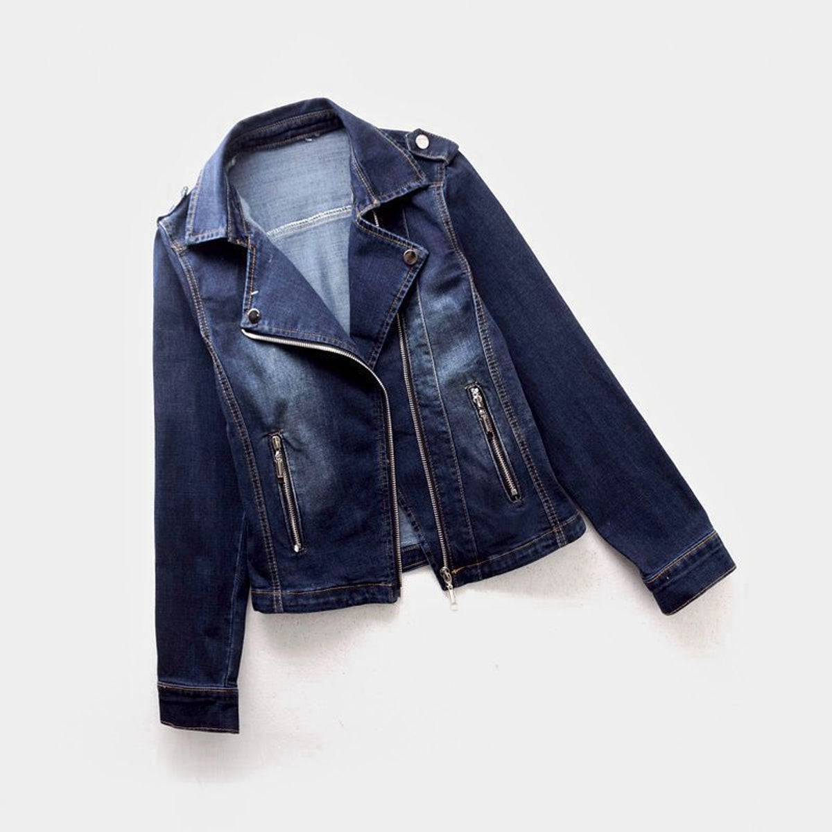 Vintage Denim Jacket Women Classic Moto Cut with Zip Pockets 2