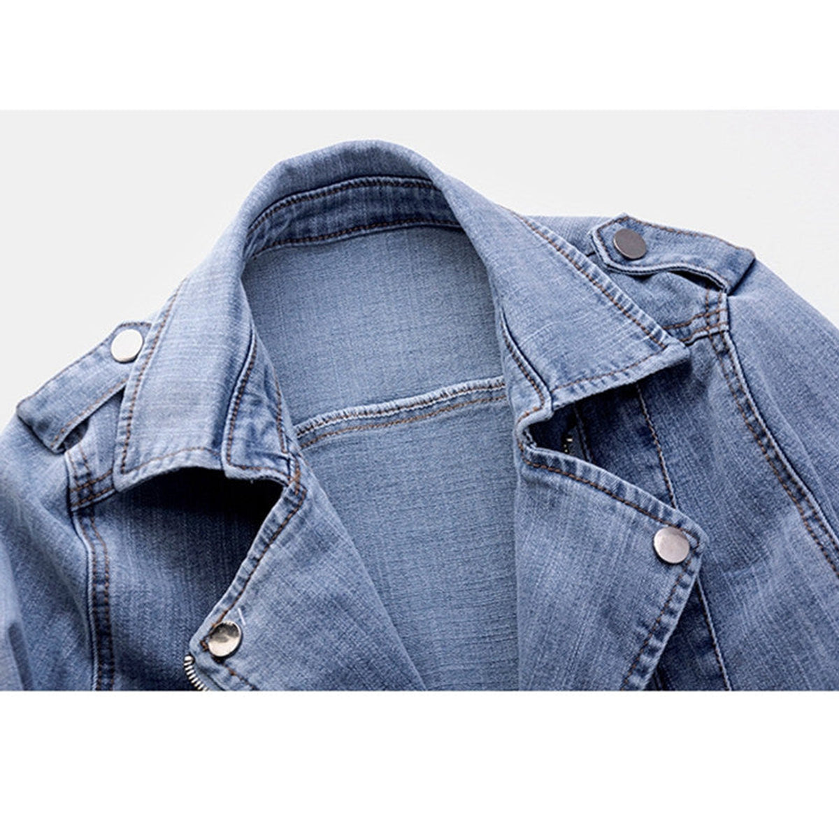 Vintage Denim Jacket Women Classic Moto Cut with Zip Pockets 3