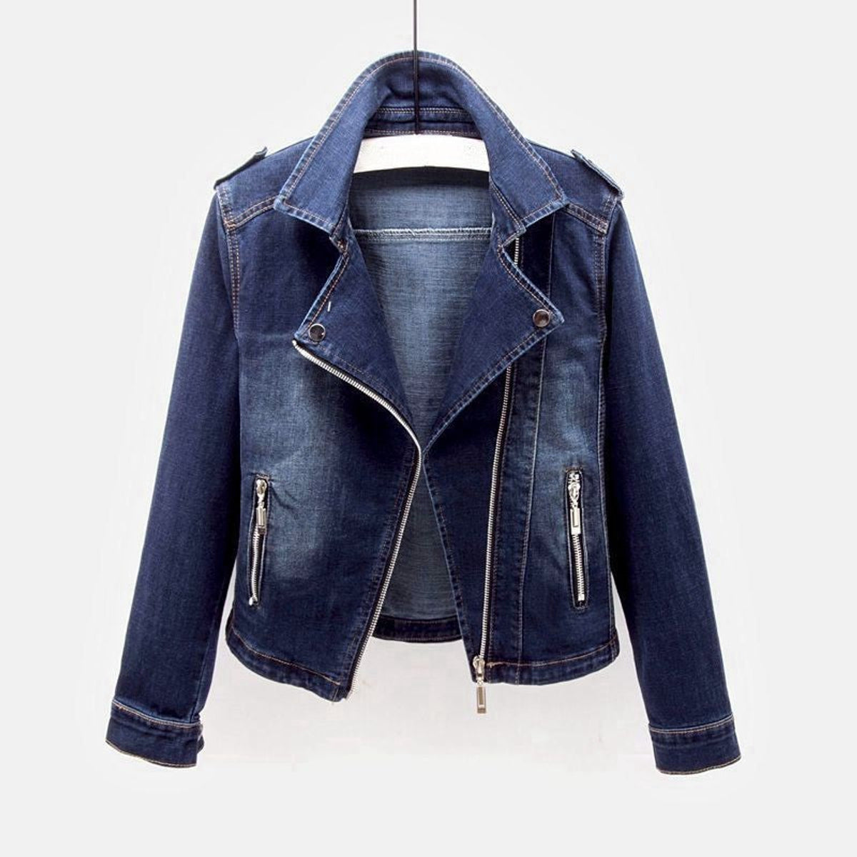 Vintage Denim Jacket Women Classic Moto Cut with Zip Pockets 5