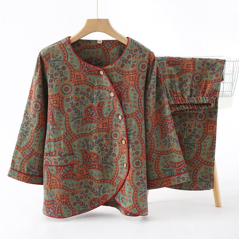 Vintage Jacquard Round Neck Loungewear Set Cotton Comfort Women's Lounge Set 0
