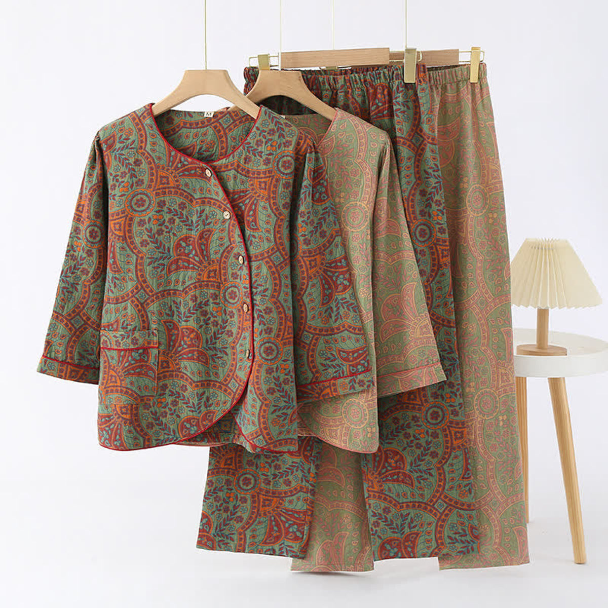 Vintage Jacquard Round Neck Loungewear Set Cotton Comfort Women's Lounge Set 1