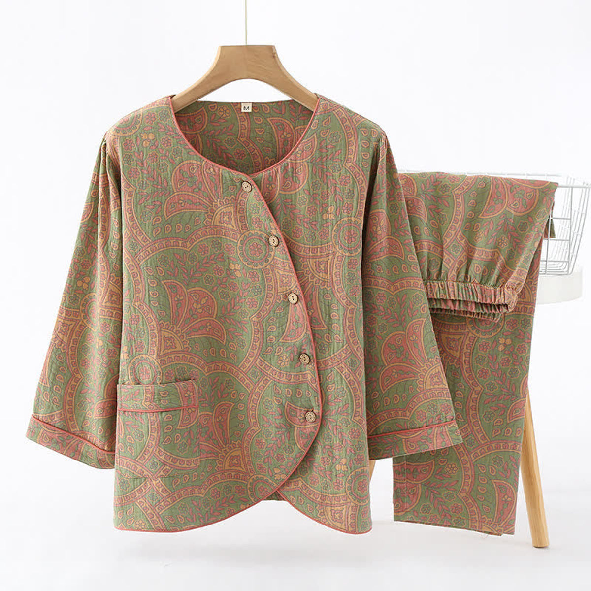 Vintage Jacquard Round Neck Loungewear Set Cotton Comfort Women's Lounge Set 9