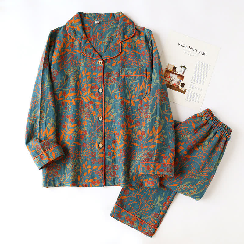 Vintage Leaf Cotton Loungewear Set Soft Comfortable Womens Lounge Wear 0
