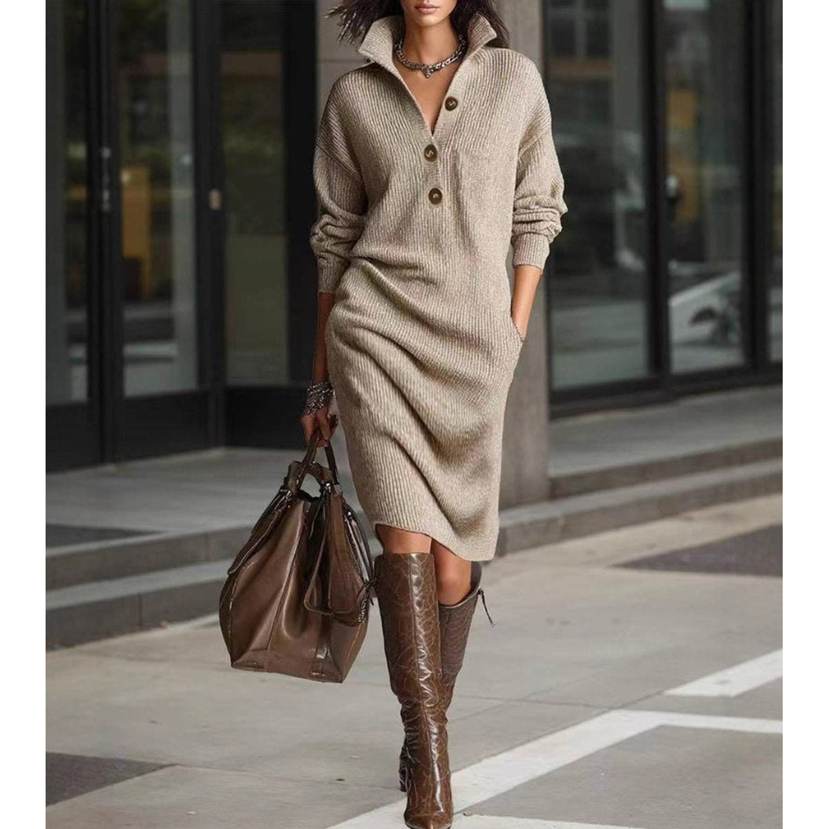 Warm Knit Dress Women's Elegant Chic Style Comfortable Long Sleeve 4