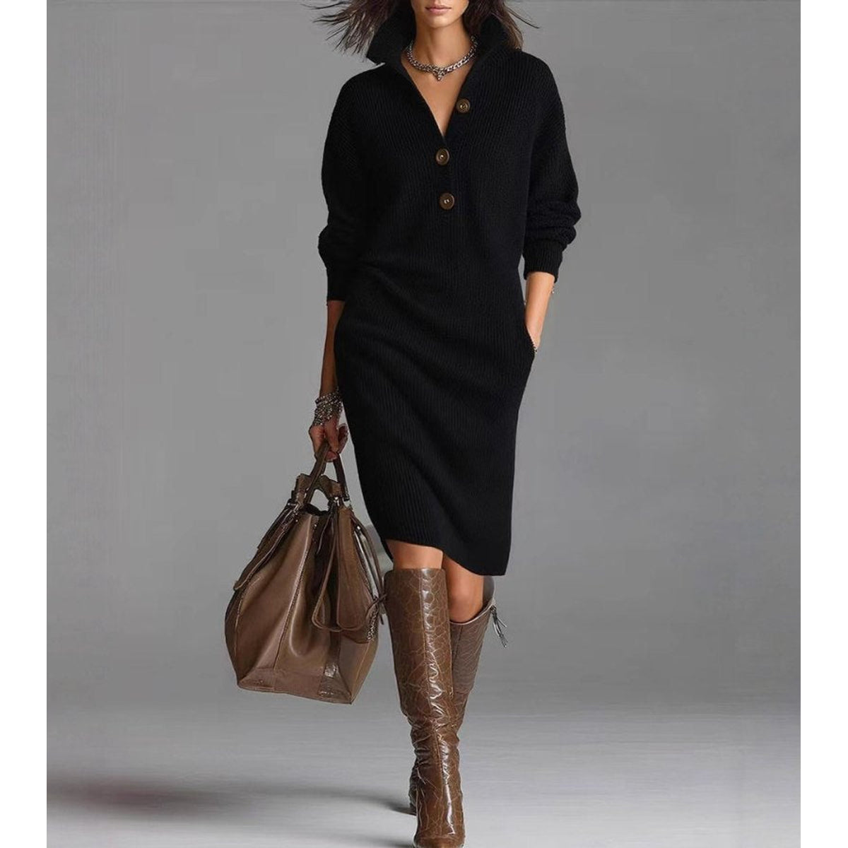 Warm Knit Dress Women's Elegant Chic Style Comfortable Long Sleeve 5