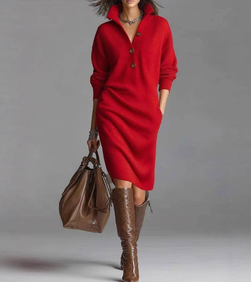 Warm Knit Dress Women's Elegant Chic Style Comfortable Long Sleeve 6