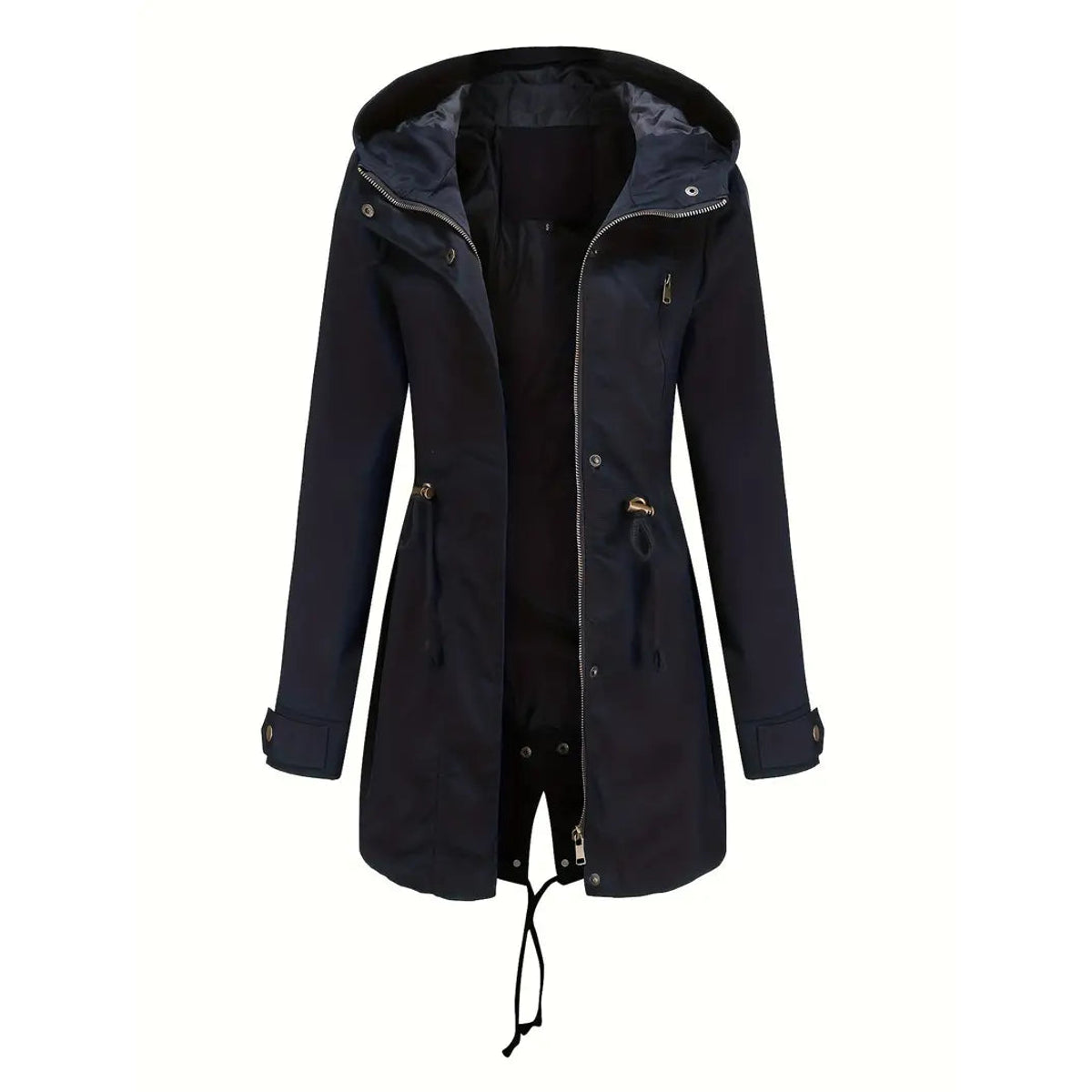 Waterproof Black Trench Coat Women Adjustable Hood Long Sleeves Spring Autumn 1