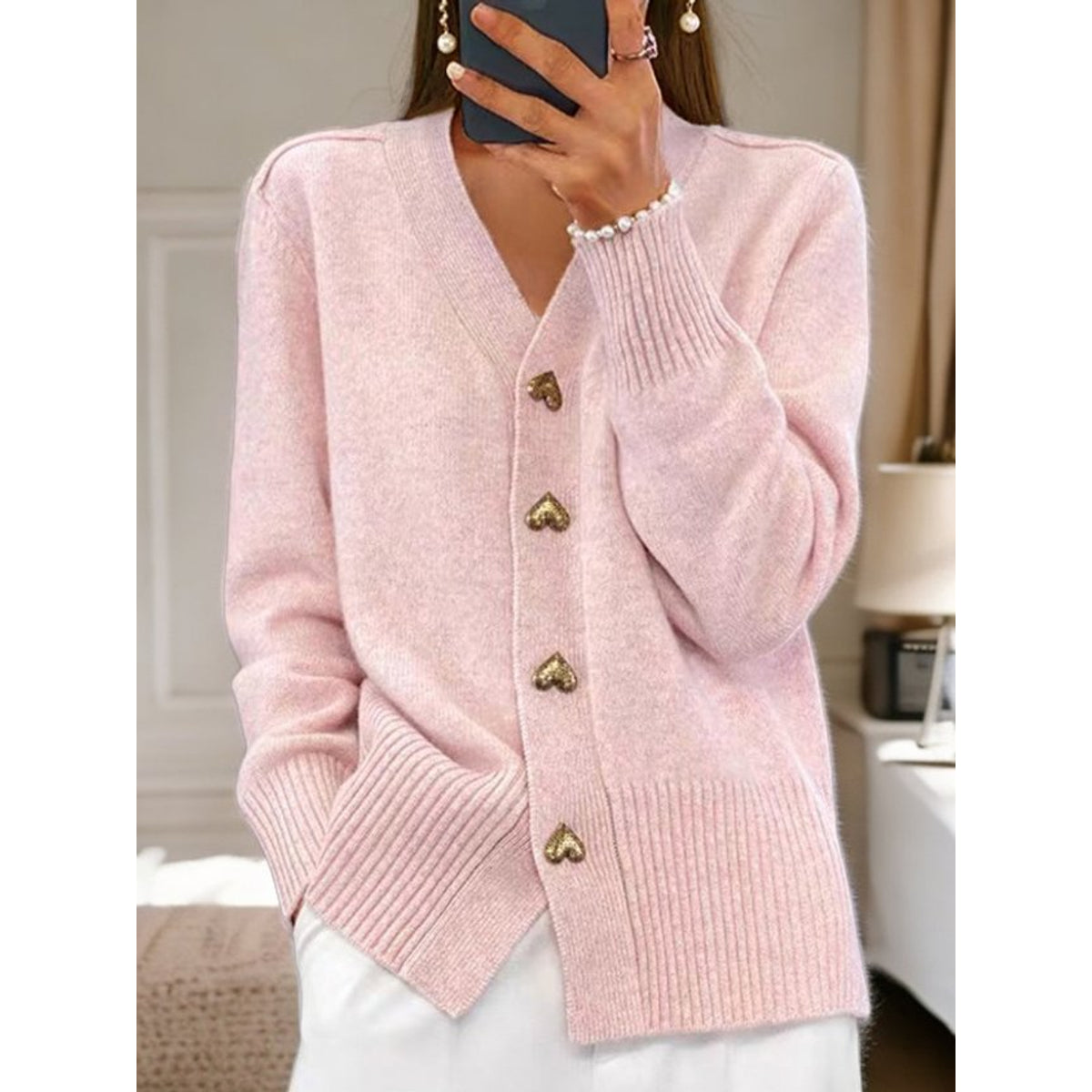White Cardigan Sweater Women Cozy Comfort Heart Button Design 4