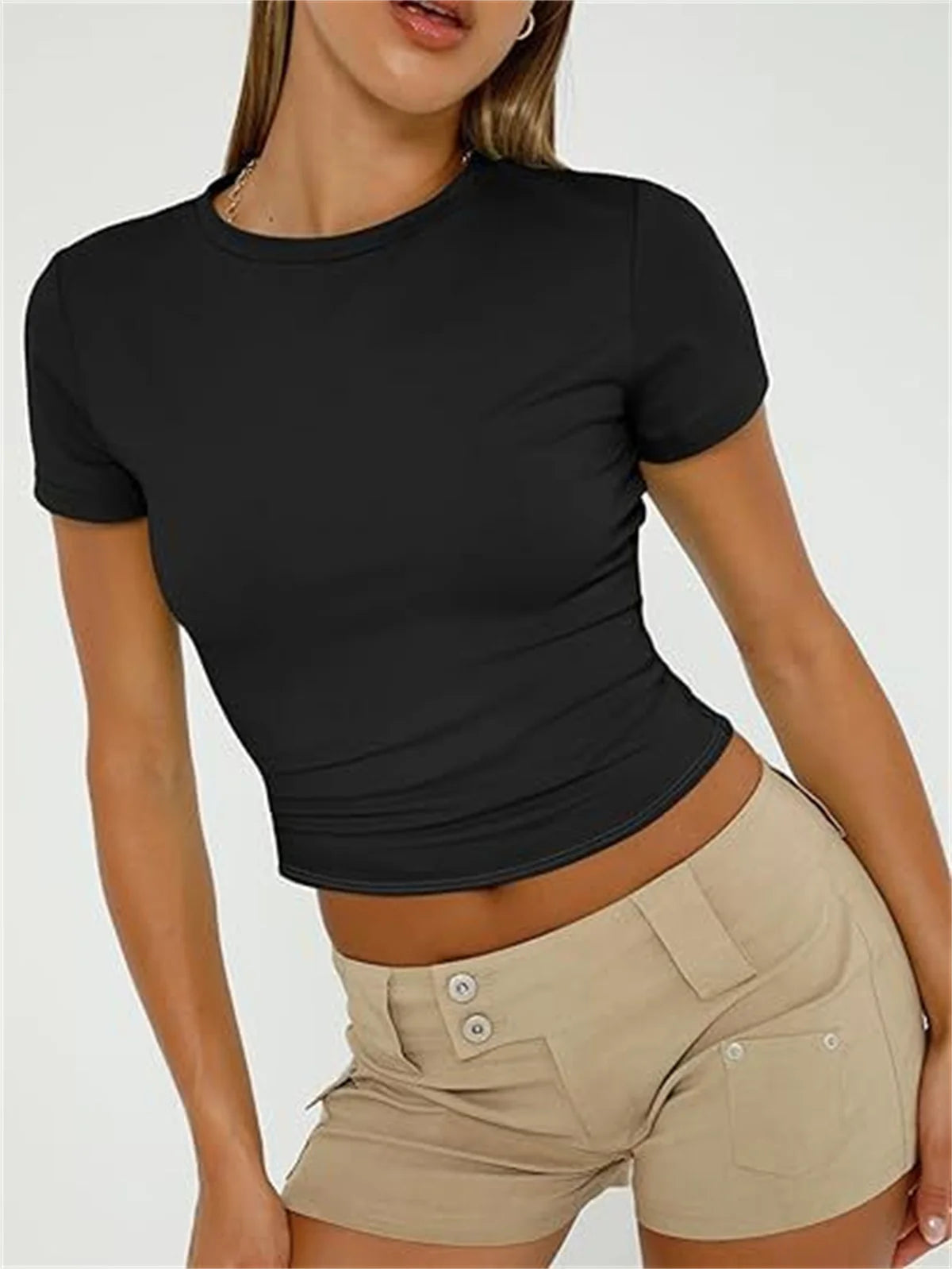 Women Simple Casual T-Shirt O Neck Short Sleeve Solid Summer Fashion Tee Tops Female Y2K Street Slim Clothes Outfit Shirts Chic 1