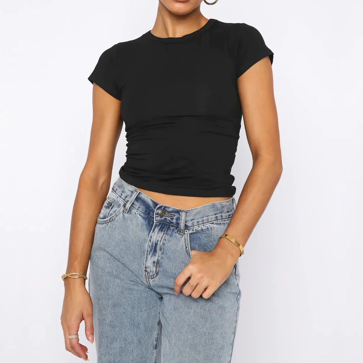 Women Simple Casual T-Shirt O Neck Short Sleeve Solid Summer Fashion Tee Tops Female Y2K Street Slim Clothes Outfit Shirts Chic 7