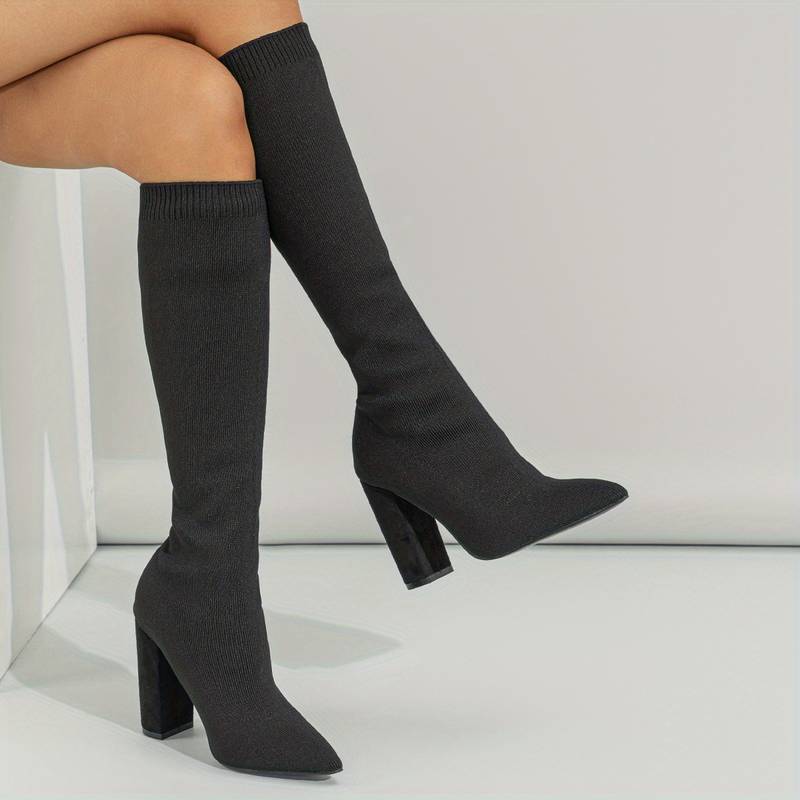 Women’s Black Knitted Sock Boots Block Heel Chic Comfort 0