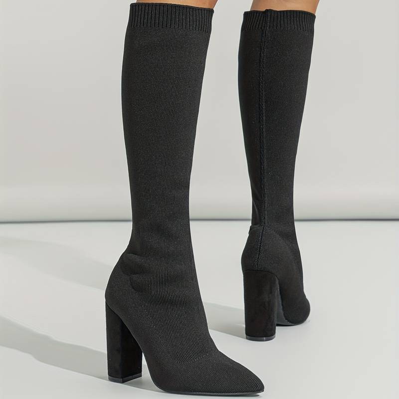 Women’s Black Knitted Sock Boots Block Heel Chic Comfort 1