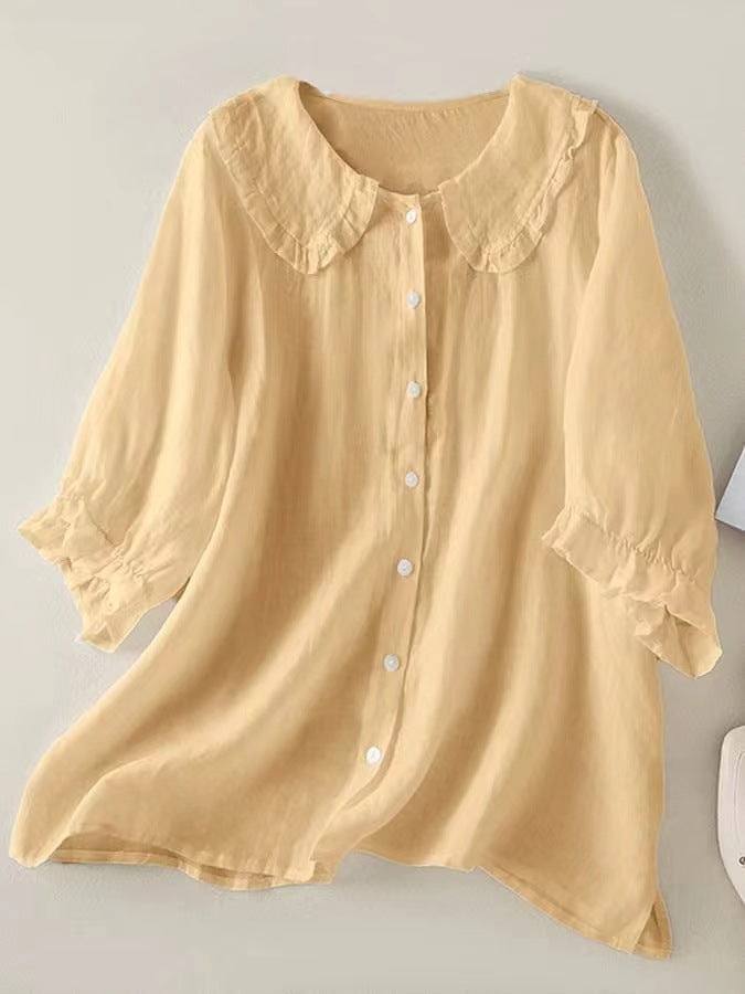 Women's Blouse Cotton Linen Loose Fit Ruffled Peter Pan Collar 6