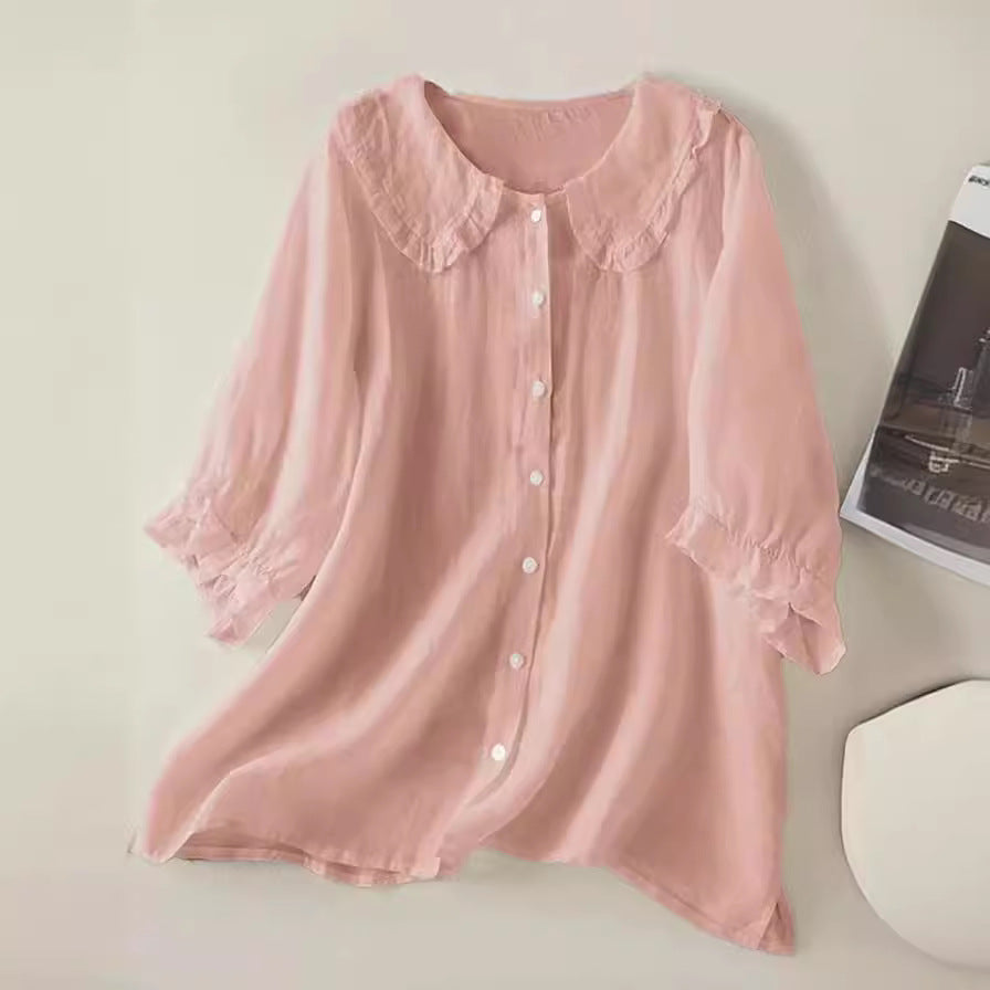 Women's Blouse Cotton Linen Loose Fit Ruffled Peter Pan Collar 7