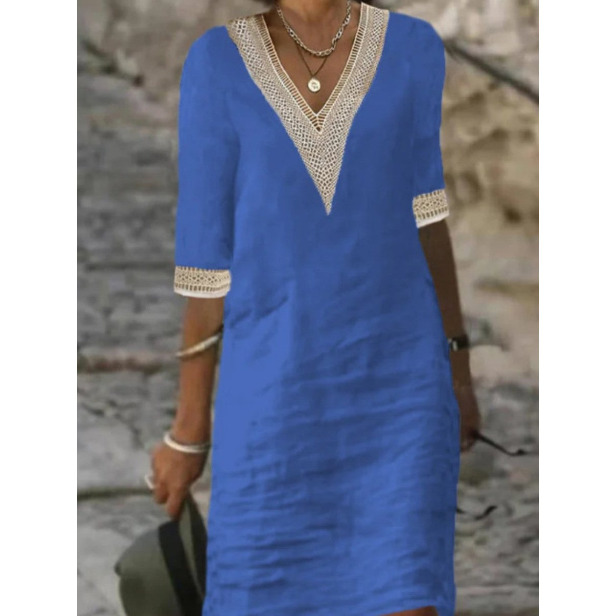 Women's Casual Dress V-Neck Lace Trim Relaxed Fit 3/4 Sleeve Summer Style 0