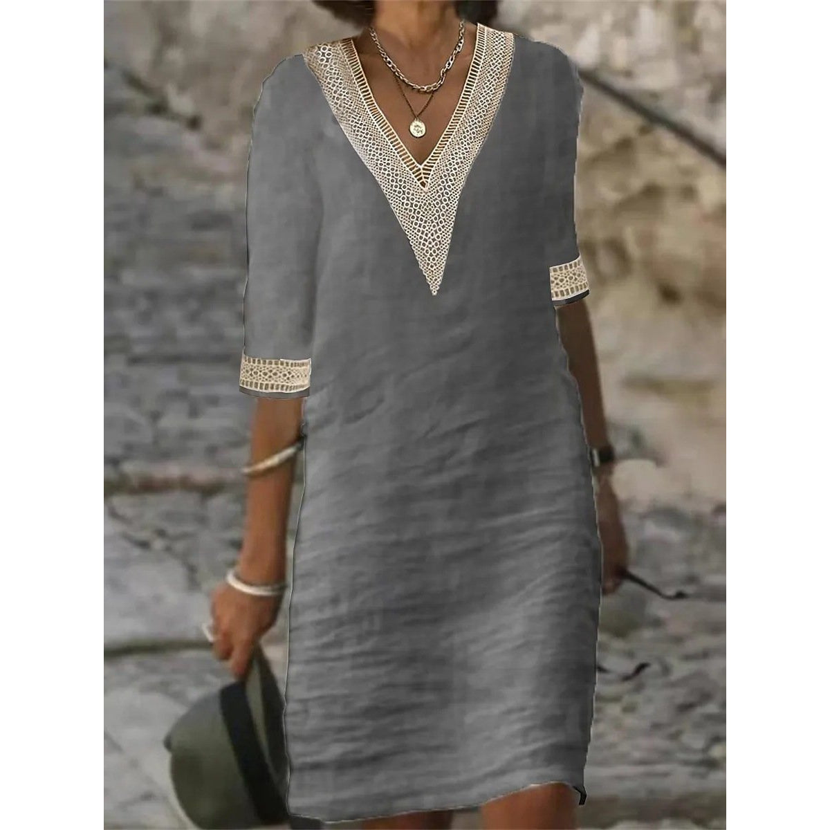 Women's Casual Dress V-Neck Lace Trim Relaxed Fit 3/4 Sleeve Summer Style 2