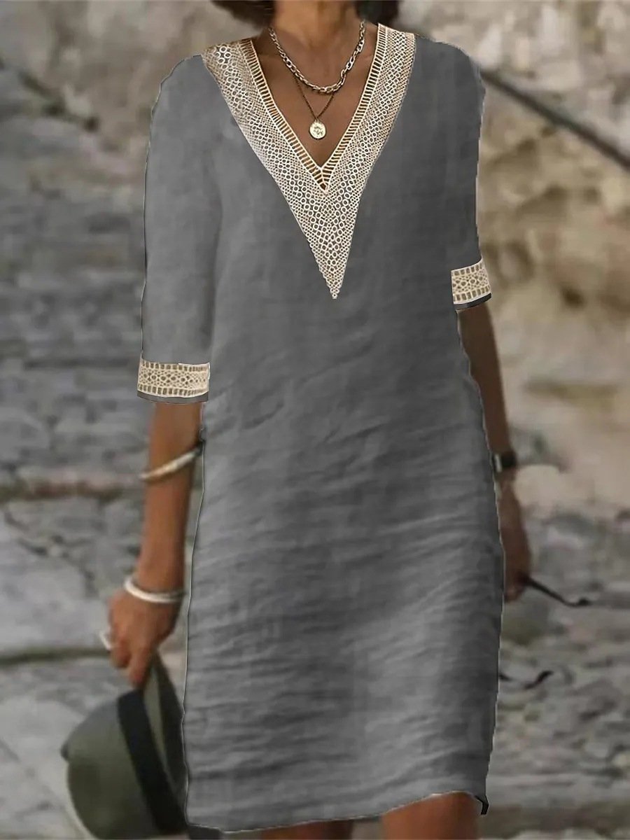 Women's Casual Dress V-Neck Lace Trim Relaxed Fit 3/4 Sleeve Summer Style 2