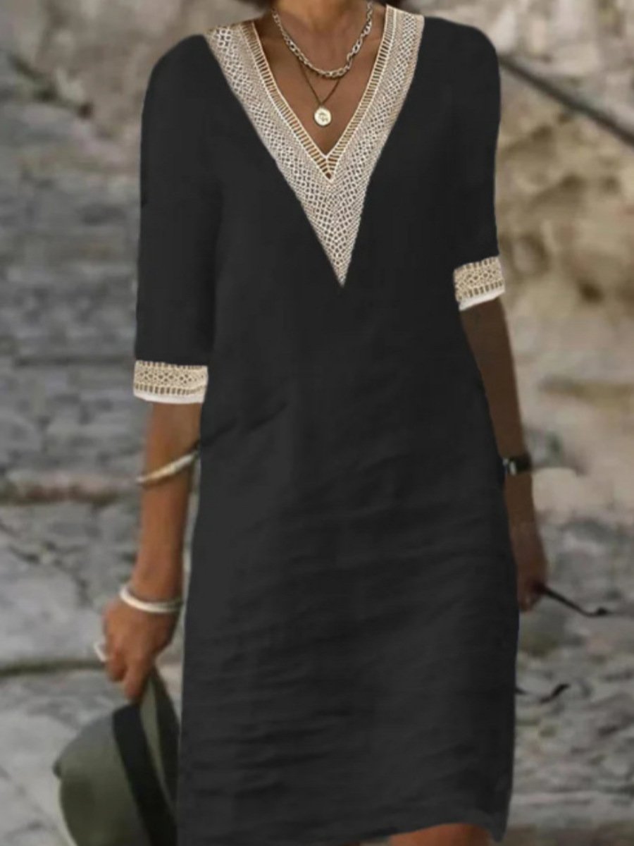 Women's Casual Dress V-Neck Lace Trim Relaxed Fit 3/4 Sleeve Summer Style 3