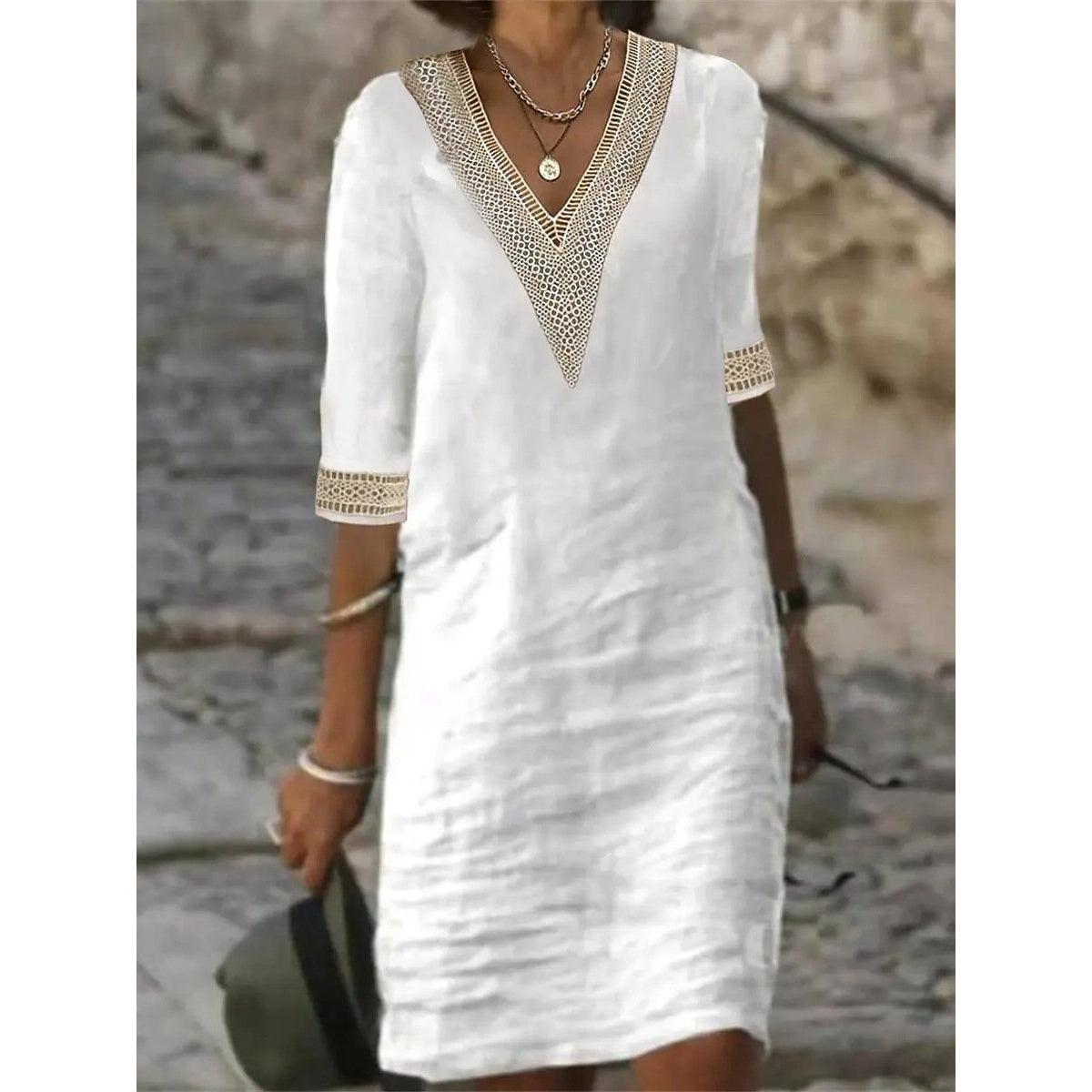 Women's Casual Dress V-Neck Lace Trim Relaxed Fit 3/4 Sleeve Summer Style 4
