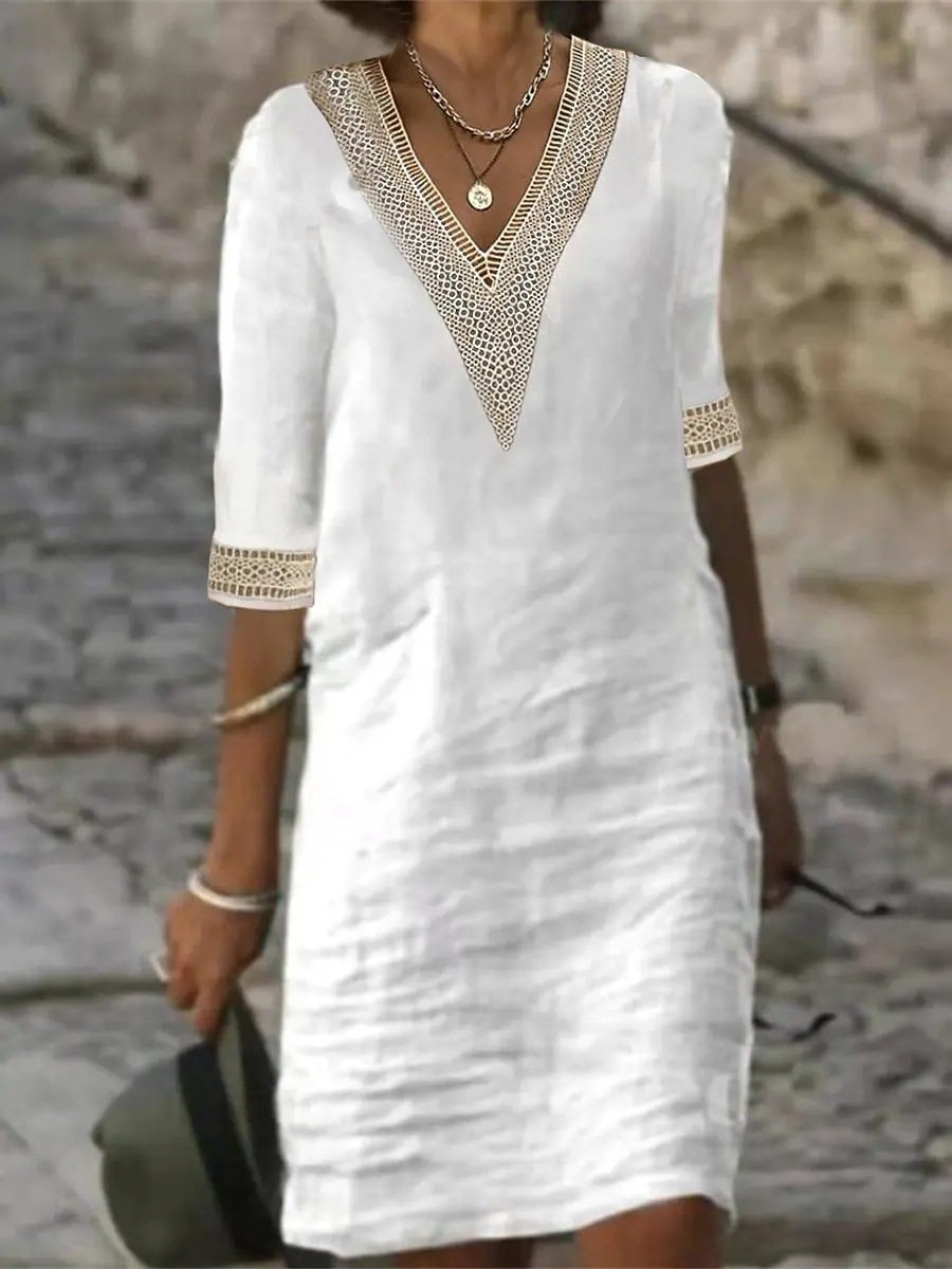 Women's Casual Dress V-Neck Lace Trim Relaxed Fit 3/4 Sleeve Summer Style 4