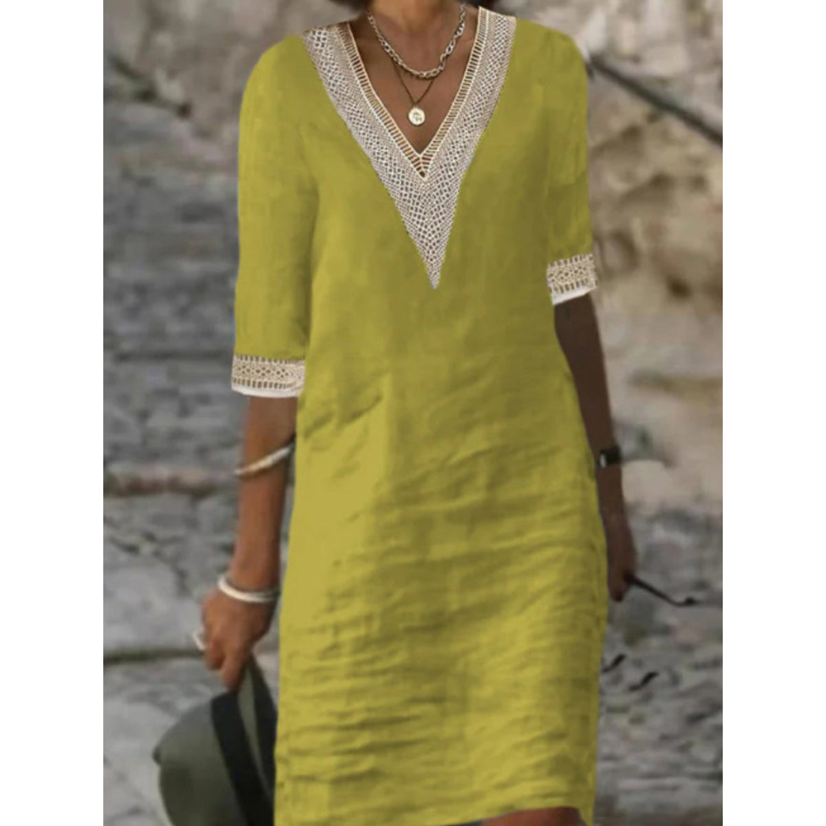 Women's Casual Dress V-Neck Lace Trim Relaxed Fit 3/4 Sleeve Summer Style 5