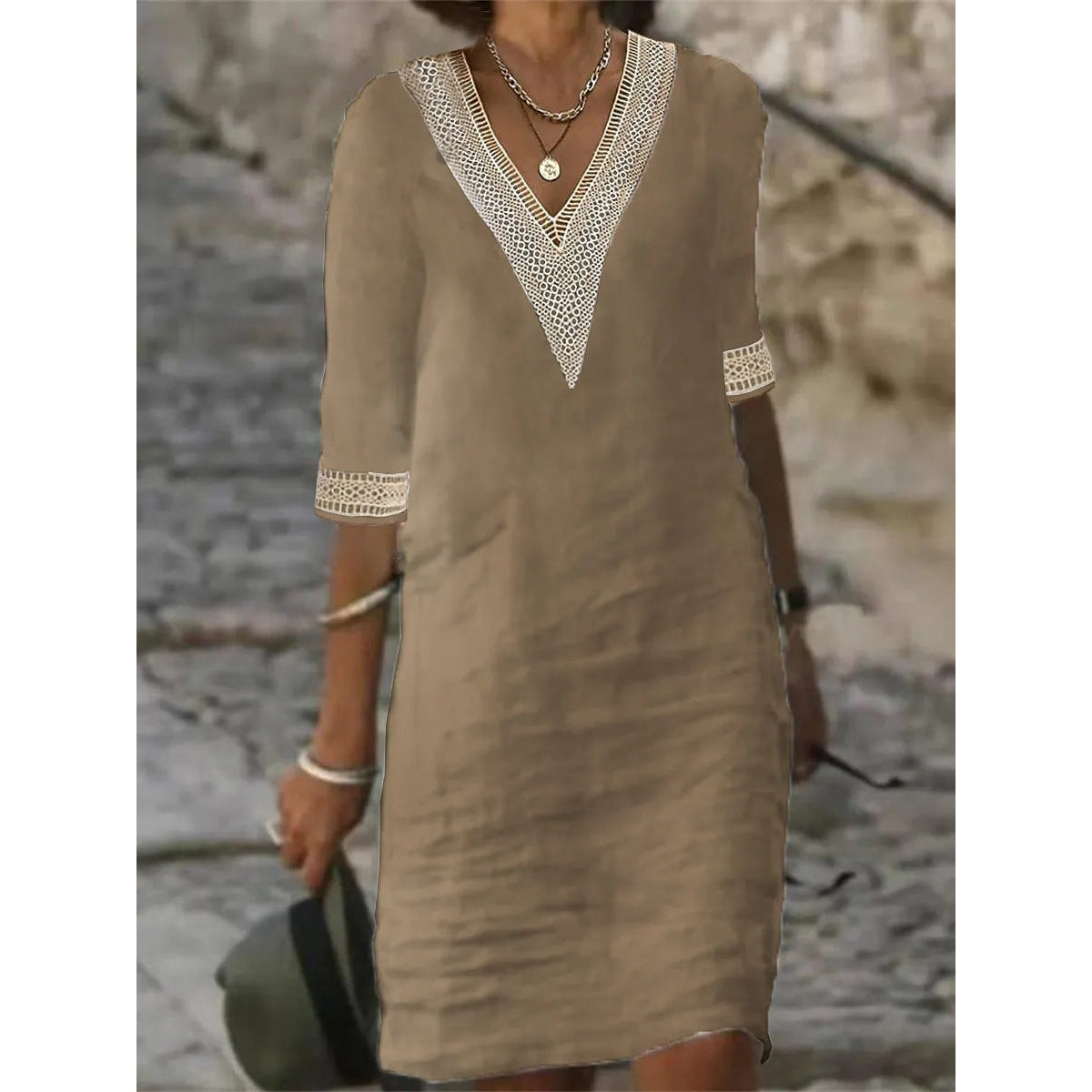 Women's Casual Dress V-Neck Lace Trim Relaxed Fit 3/4 Sleeve Summer Style 6