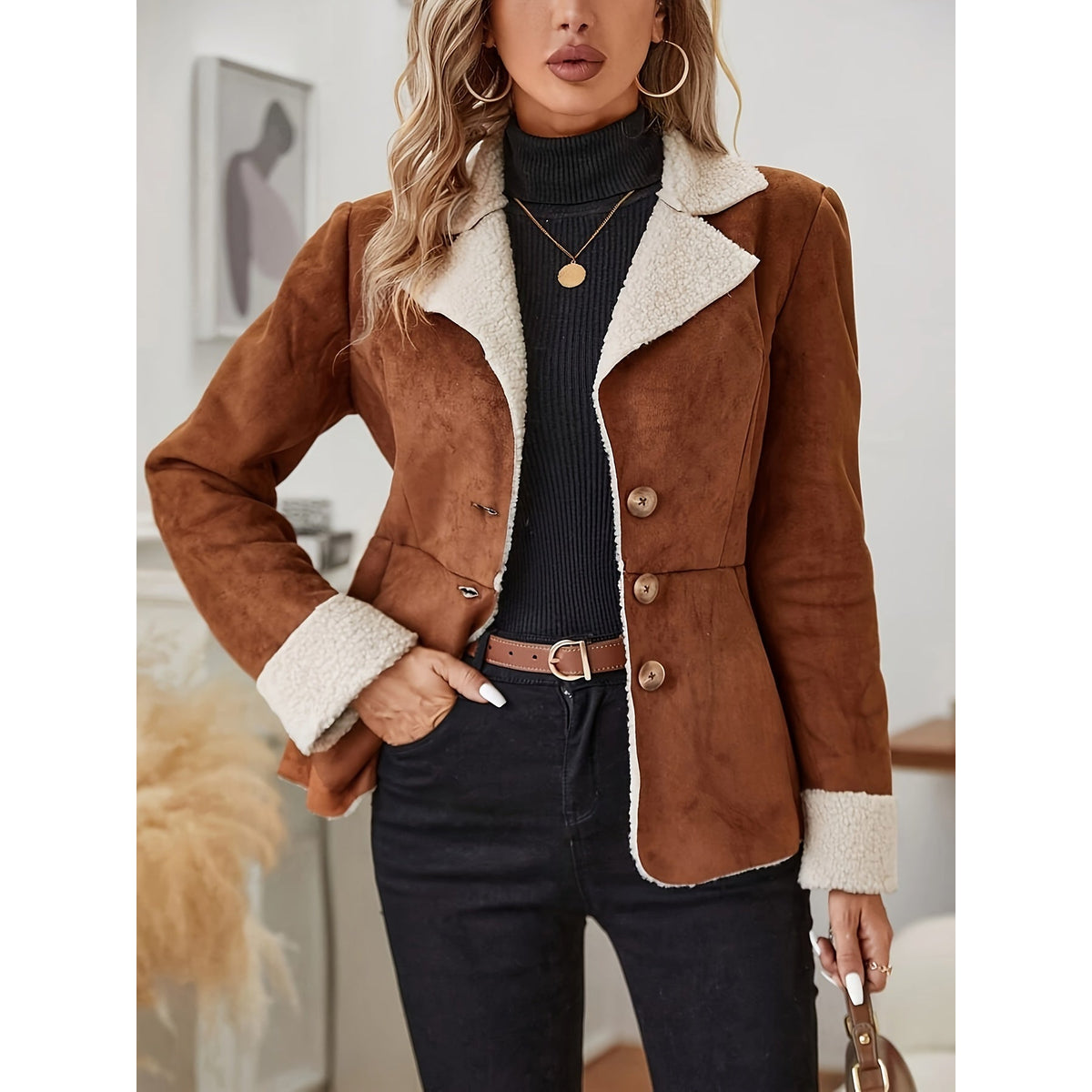 Women's Faux Fur Jacket Button Front Thermal Outerwear Casual 0