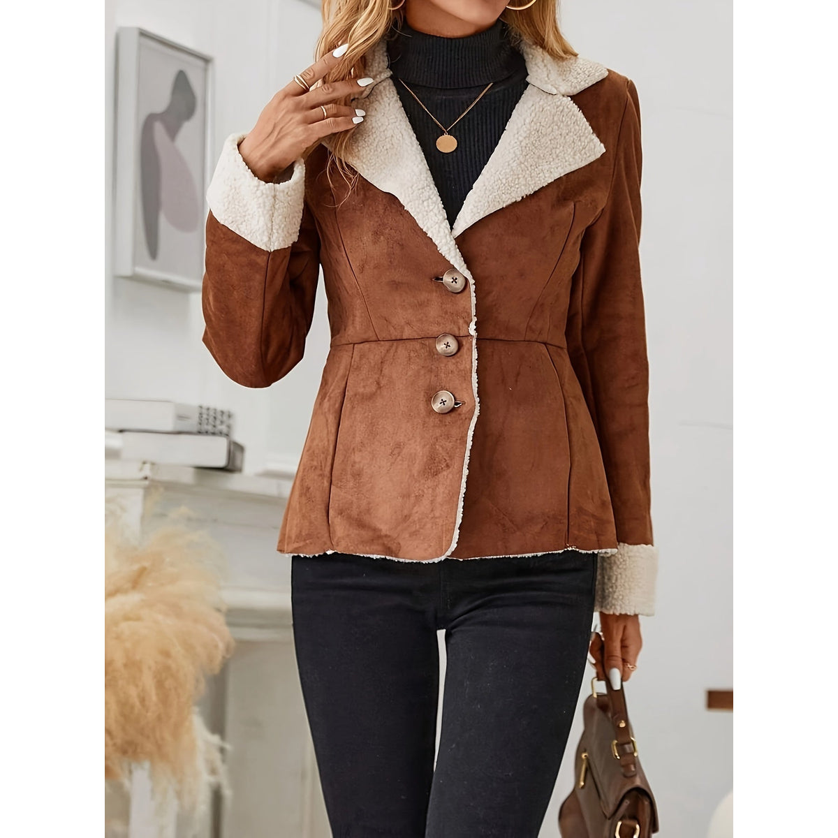 Women's Faux Fur Jacket Button Front Thermal Outerwear Casual 4