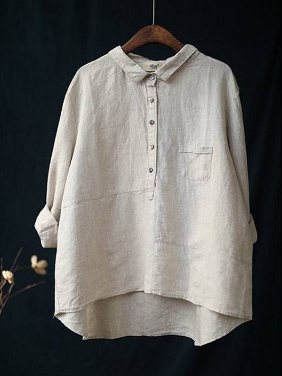 Women's Lapel Neck Cotton Casual Long Sleeve Shirt Stylish Solid Color Blouse 2