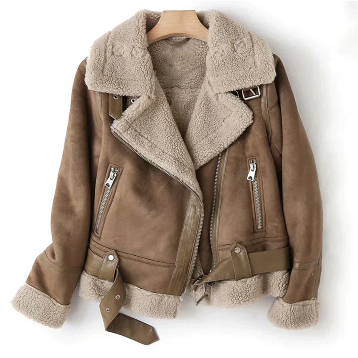 Women's Leather Jacket Belted Hem Zipper Closure Chic Outerwear 0