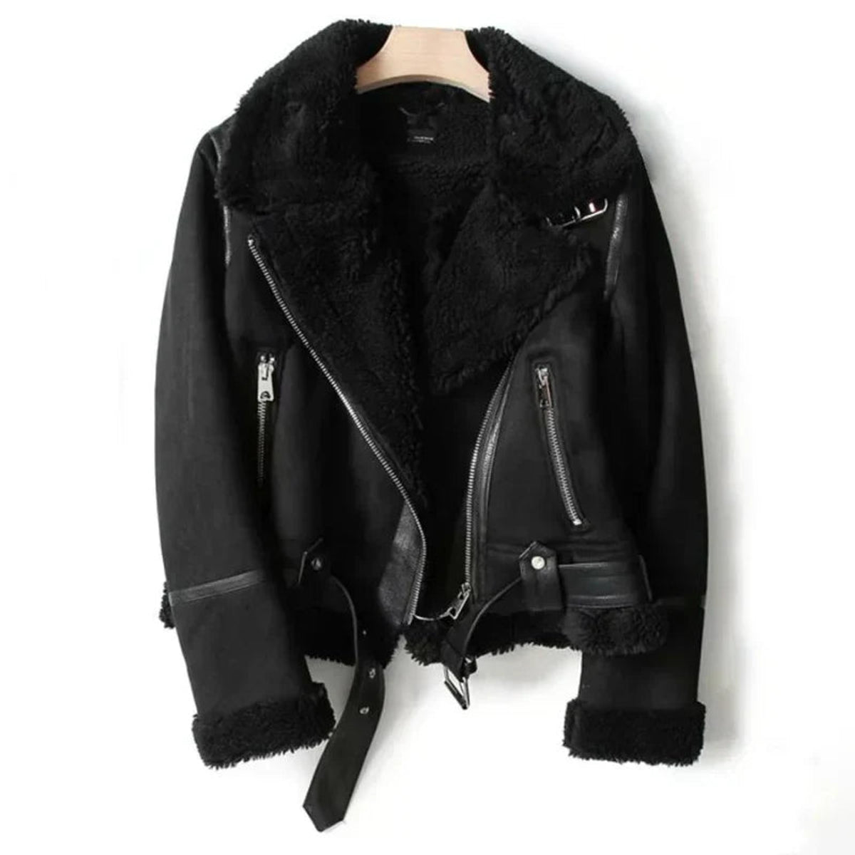 Women's Leather Jacket Belted Hem Zipper Closure Chic Outerwear 1
