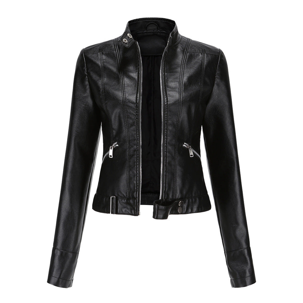 Women's Leather Jacket High Collar Zip Closure Stylish Belted Design 0
