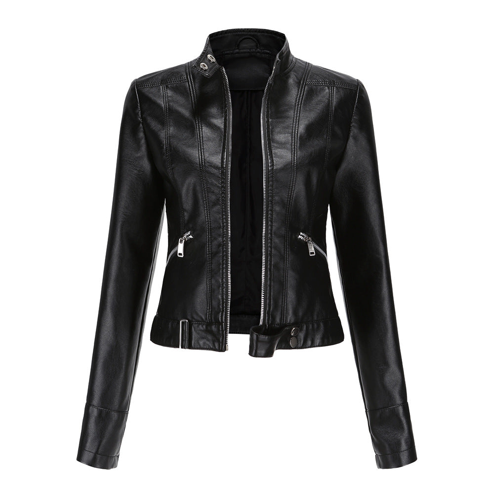 Women's Leather Jacket High Collar Zip Closure Stylish Belted Design 0