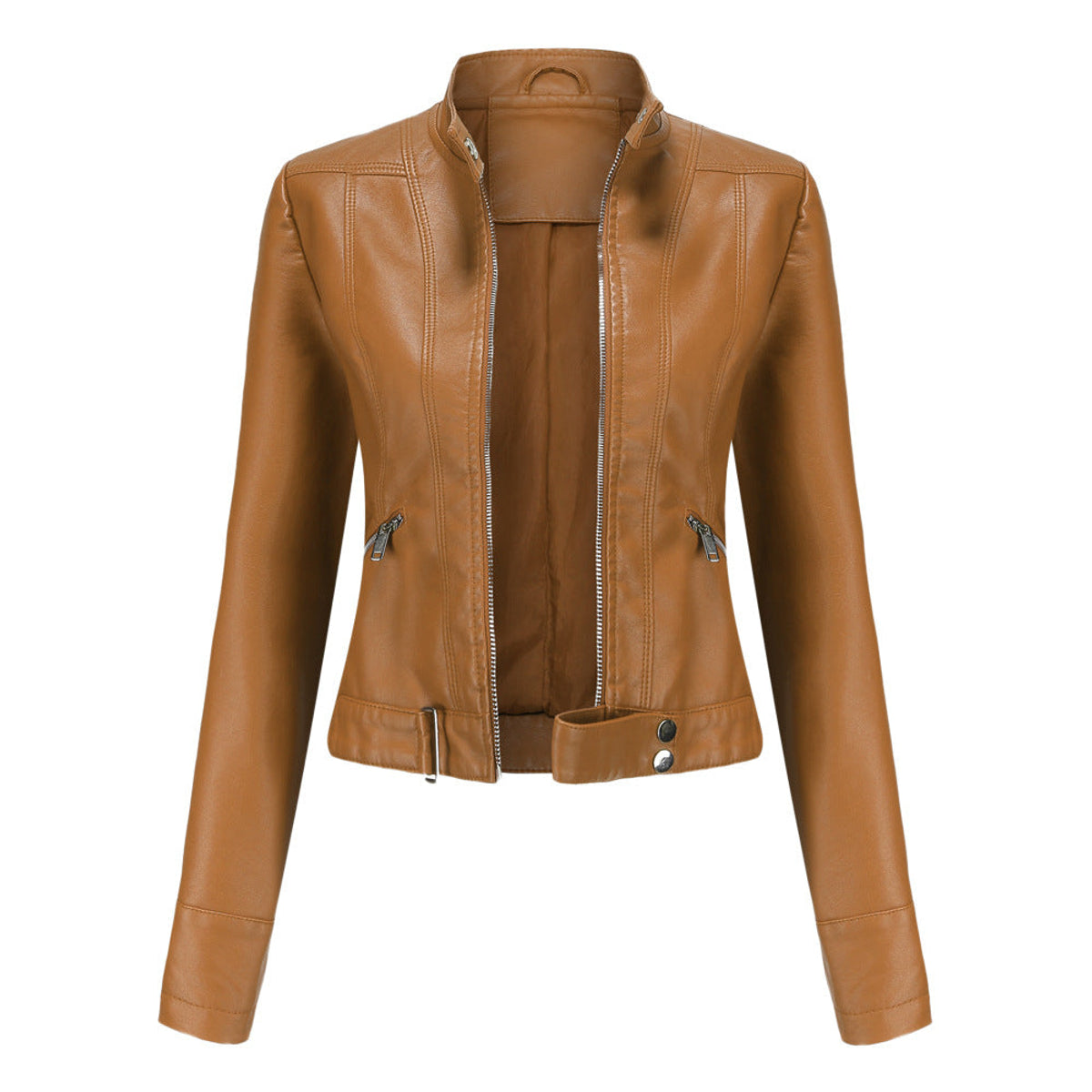 Women's Leather Jacket High Collar Zip Closure Stylish Belted Design 1