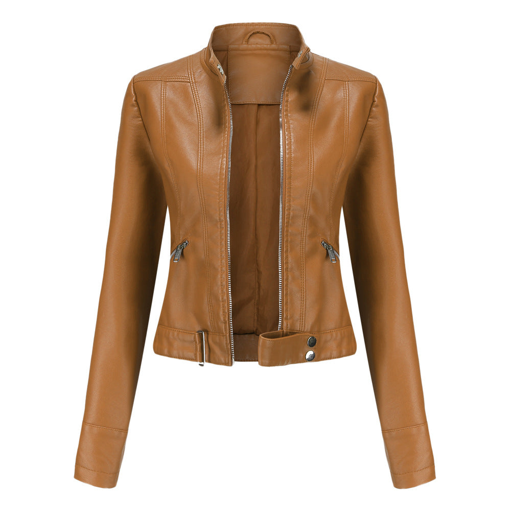 Women's Leather Jacket High Collar Zip Closure Stylish Belted Design 1