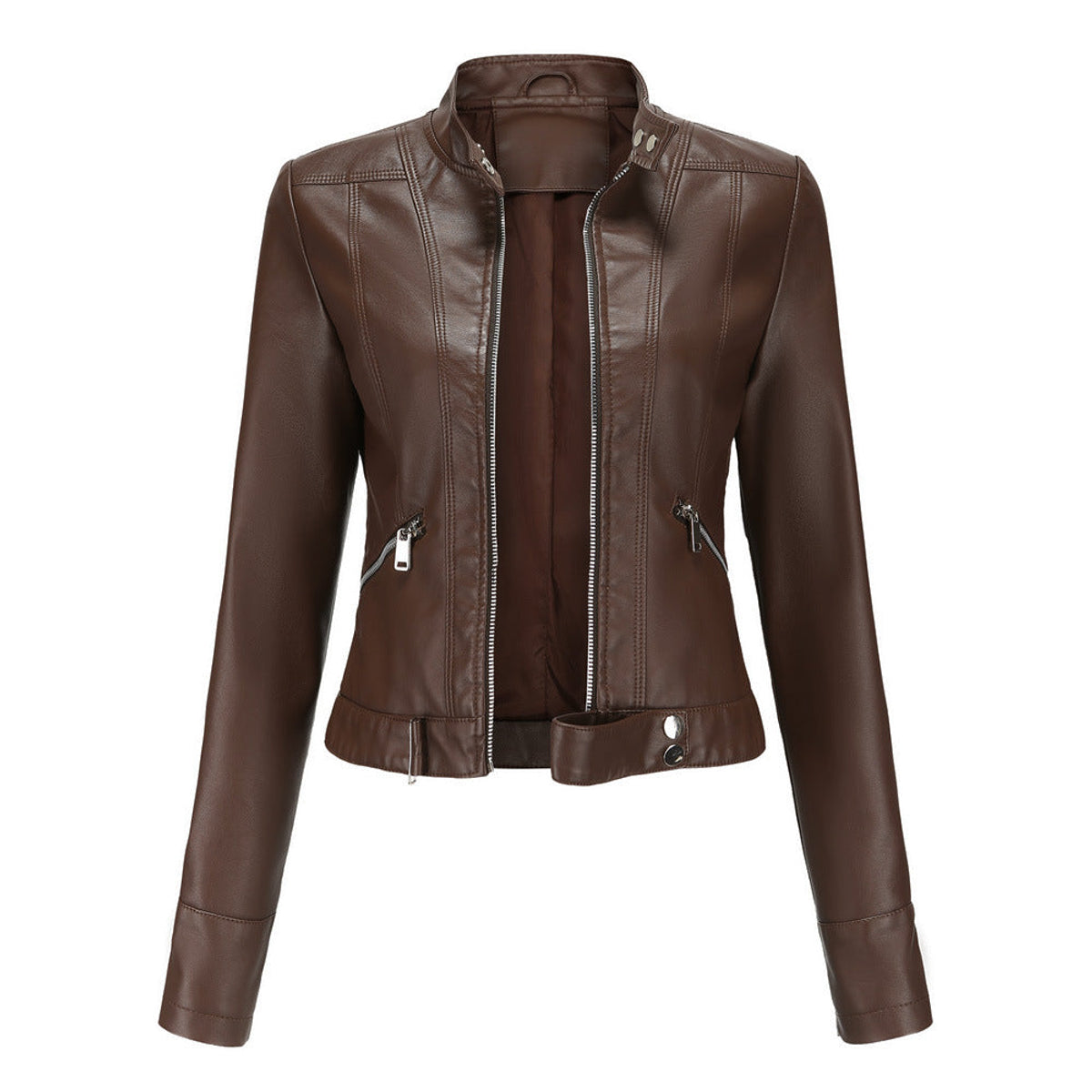 Women's Leather Jacket High Collar Zip Closure Stylish Belted Design 2