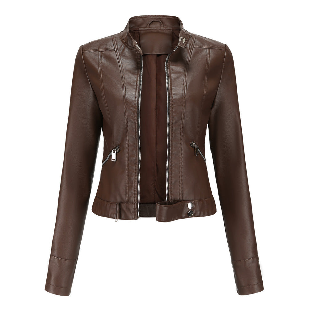 Women's Leather Jacket High Collar Zip Closure Stylish Belted Design 2