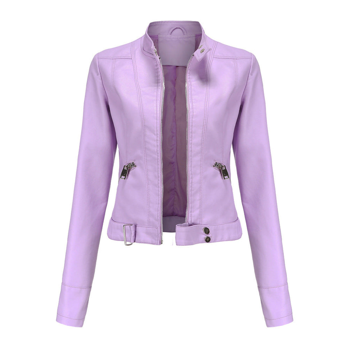 Women's Leather Jacket High Collar Zip Closure Stylish Belted Design 3