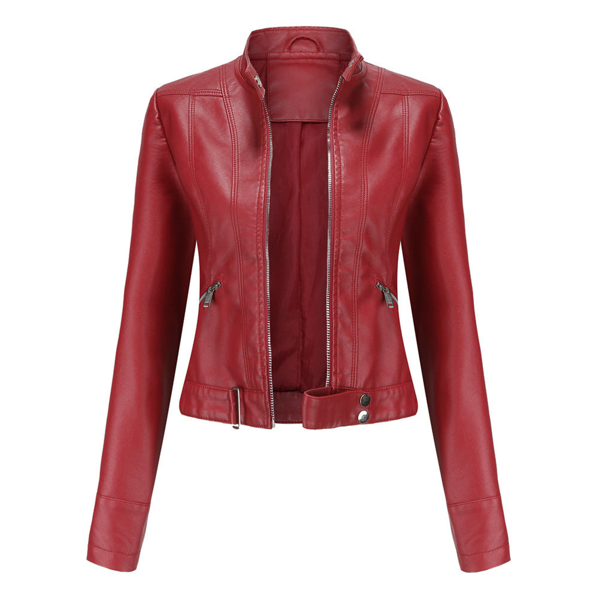 Women's Leather Jacket High Collar Zip Closure Stylish Belted Design 4