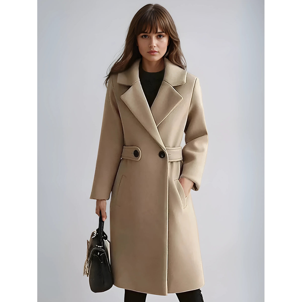 Women's Long Sleeve Belted Trench Coat Elegant Winter Outerwear 0