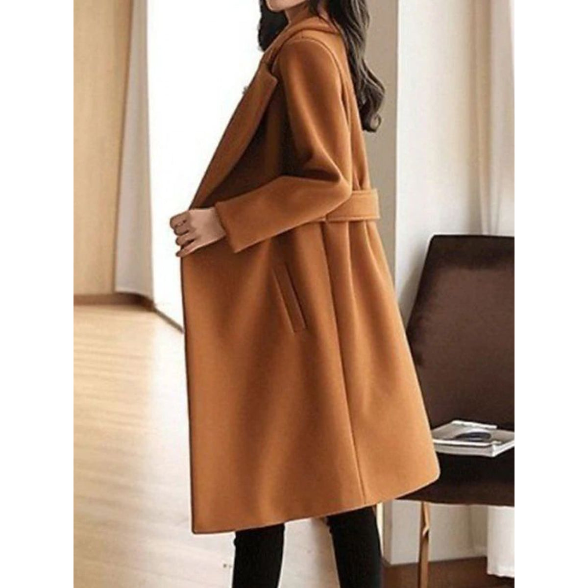 Women's Long Sleeve Belted Trench Coat Elegant Winter Outerwear 1